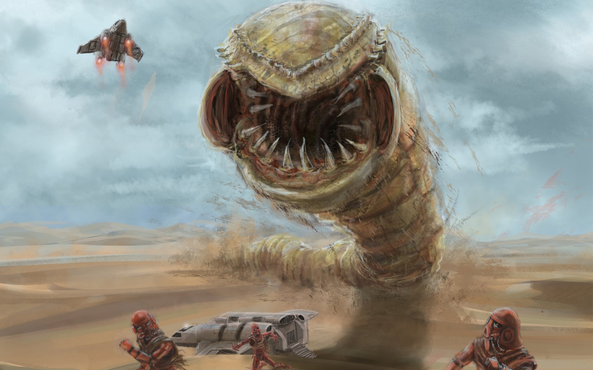 arte shai-hulud cronache di dune deserto sabbia dune verme persone attacco trasporto aereo navi