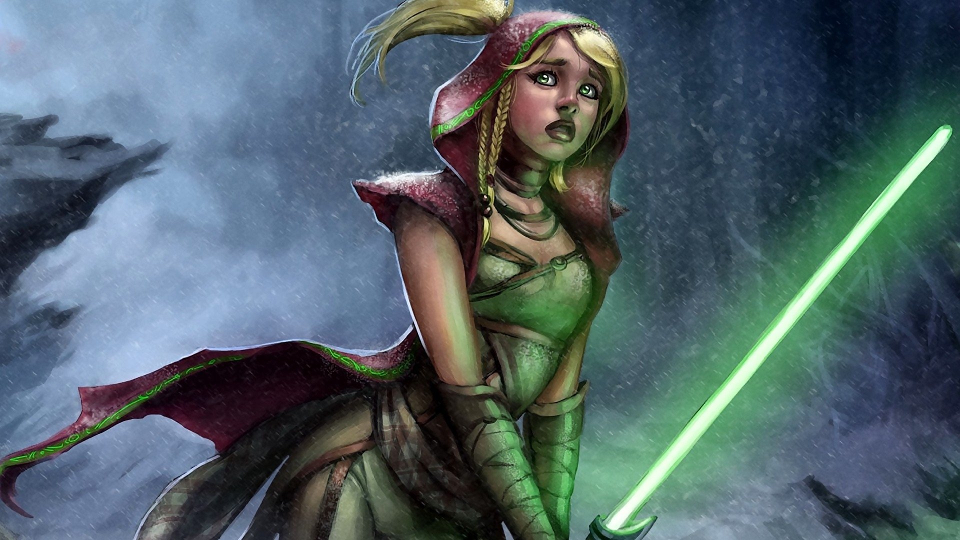 star wars jedi ragazza spada laser pioggia