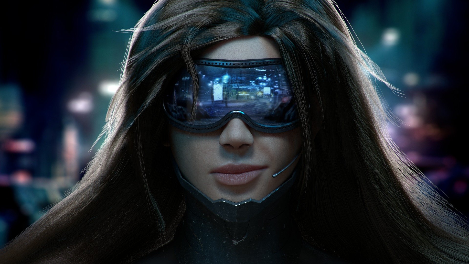 cyberpunk girl face sunglasses microphone hair smile