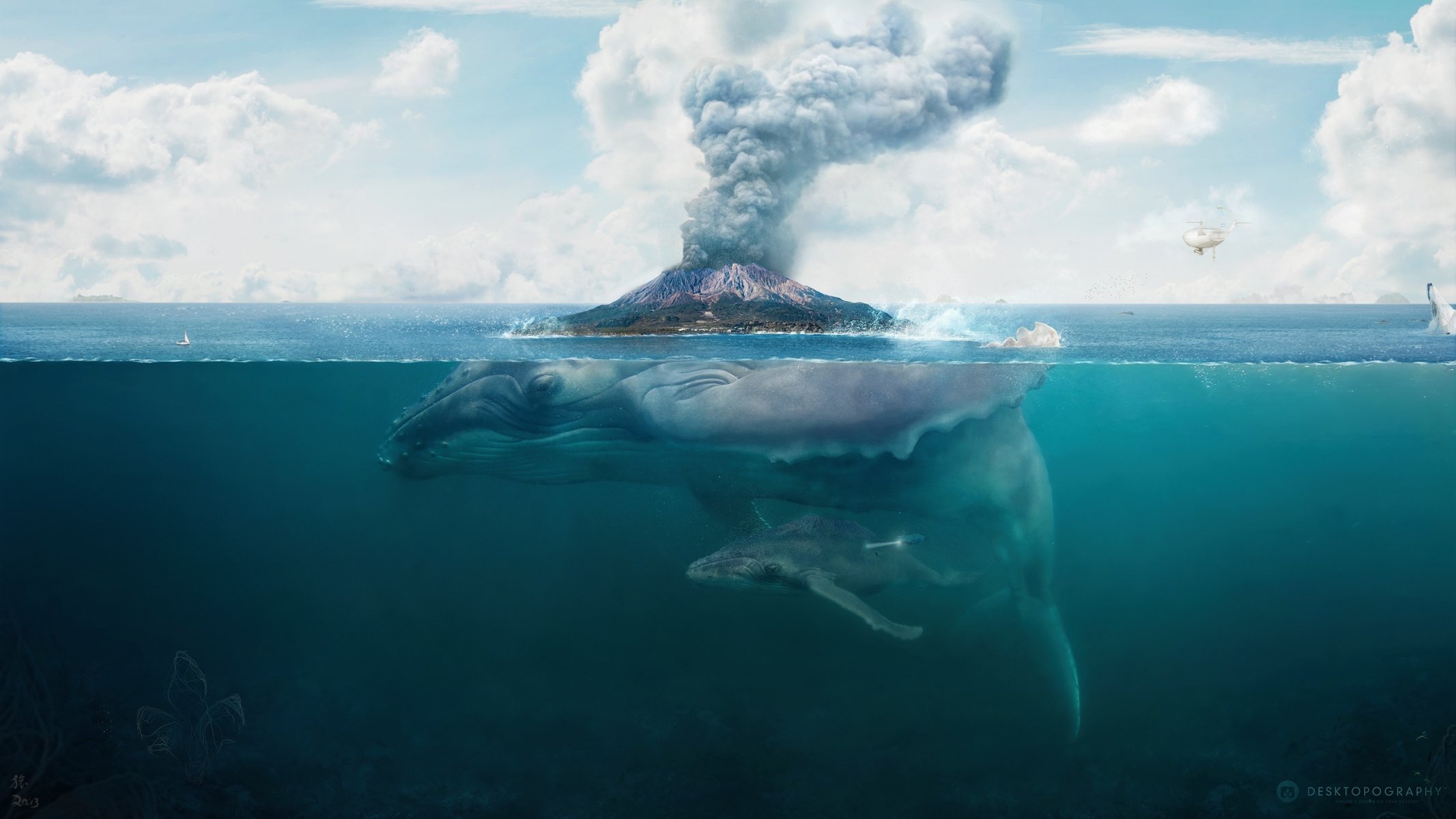 ballena arte isla volcán hq fondos de pantalla desktopography ficción