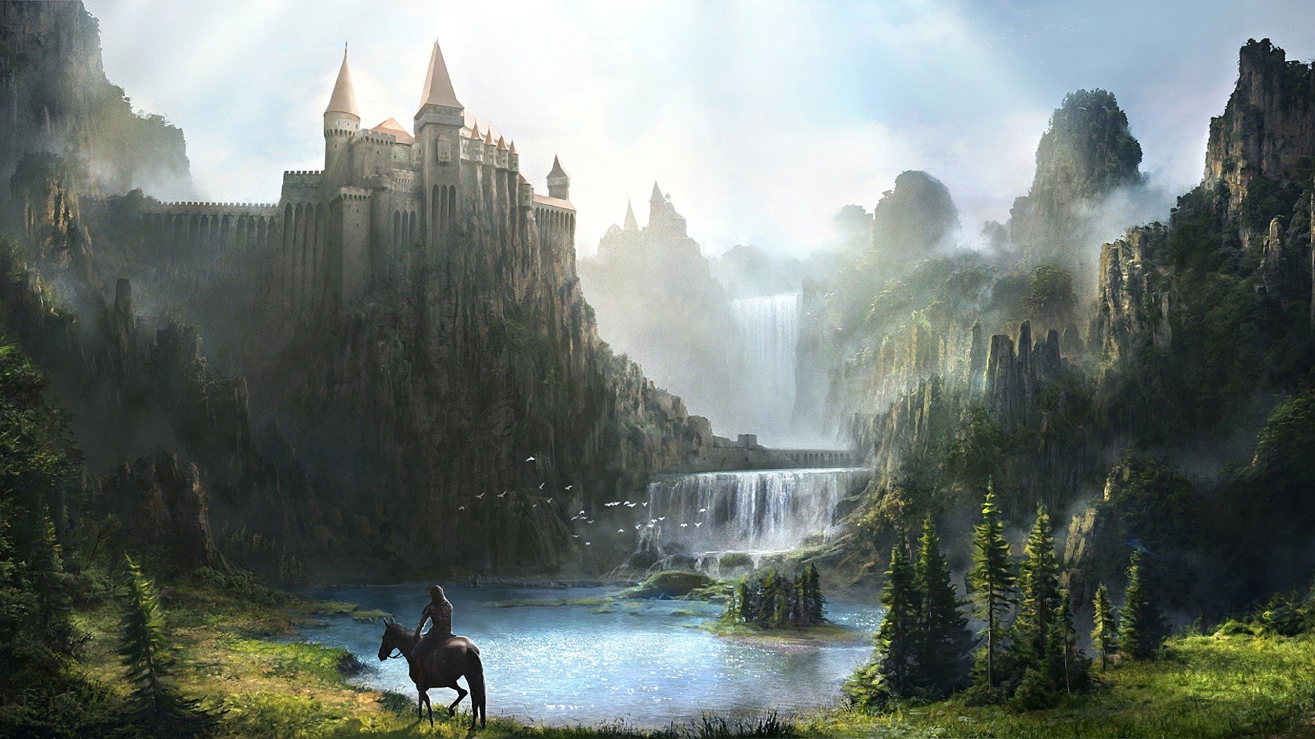 art castle fortress horseman horse armour waterfall river mountain rock