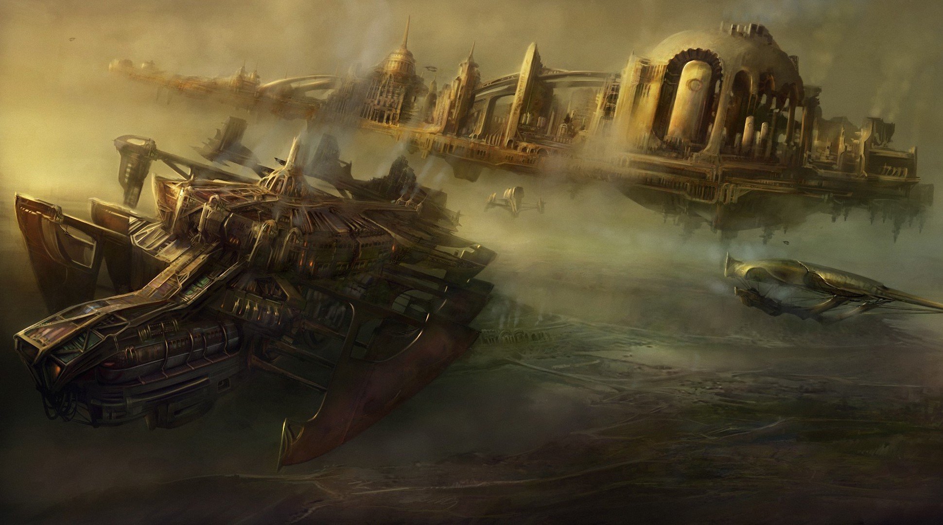 art steampunk ships transportation town