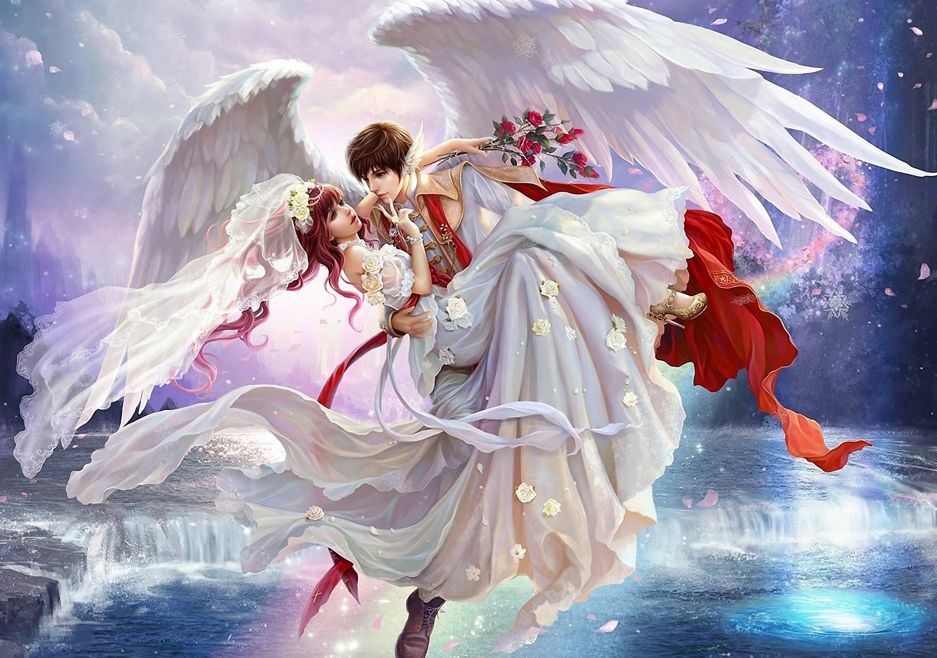 art girl guy flower veil bride wings waterfall rose