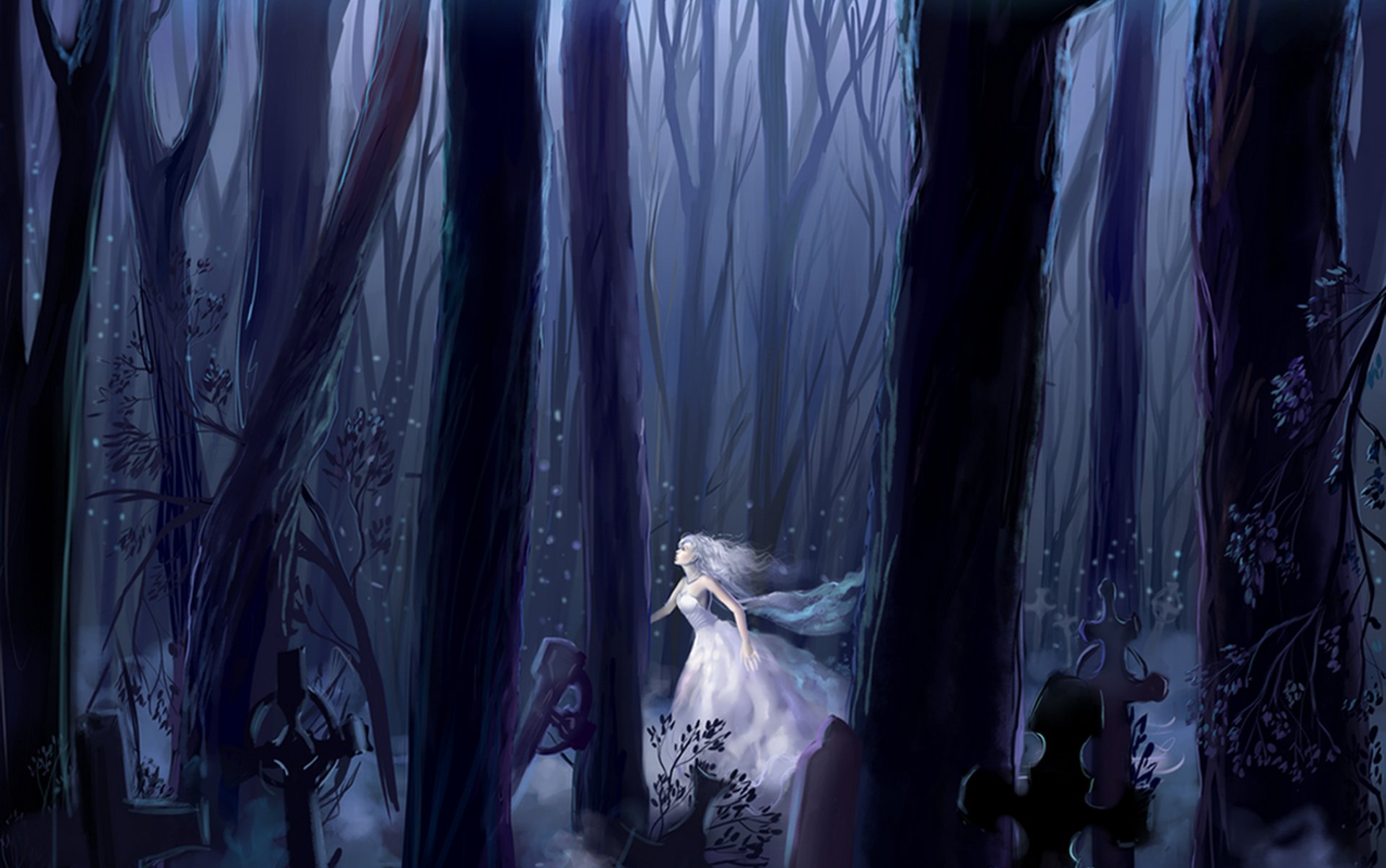 girl forest night running white dress cross snow