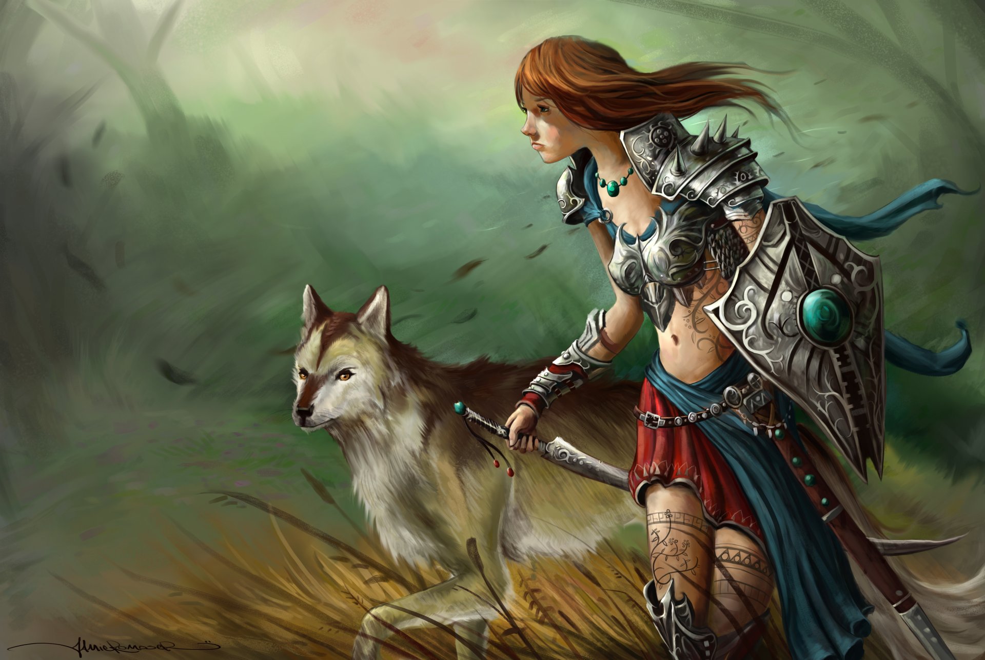 art girl wolf tattoos patterns sword shield grass wind