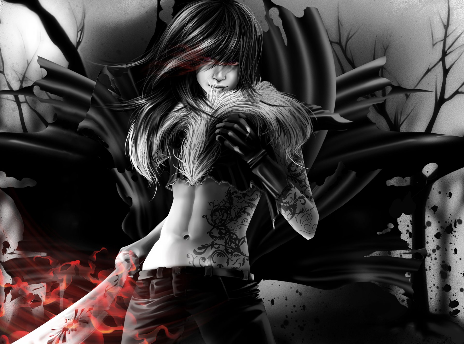 art vampire girl sword black and white tattoos gloves piercing fur tattoo pattern