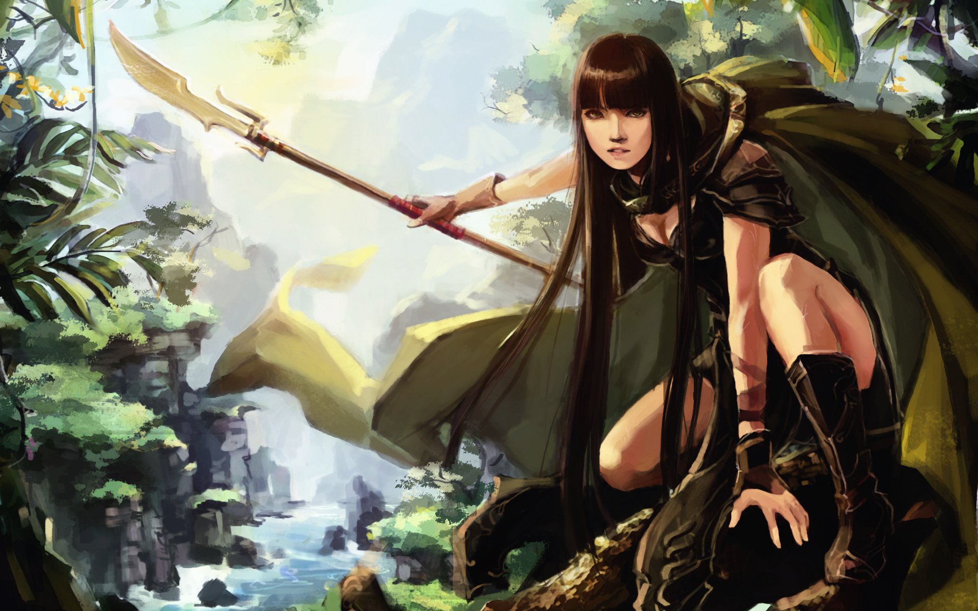 picture art girl hunter forest hunt weapon halberd coat