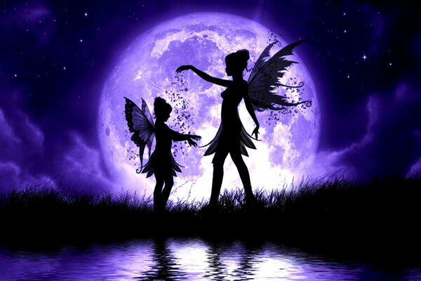 Fairies on the background of the lake. Lunar photo. Purple Moon