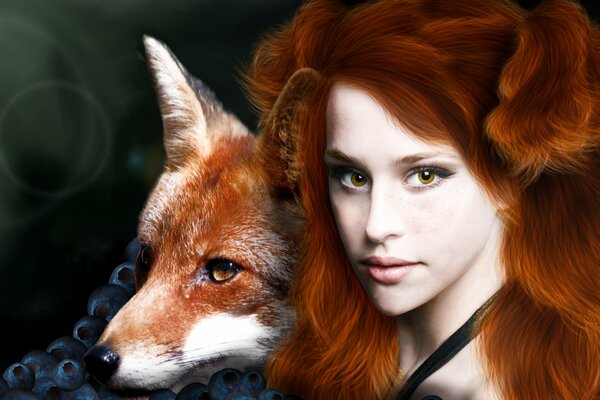 Fille Rousse avec le renard et les baies