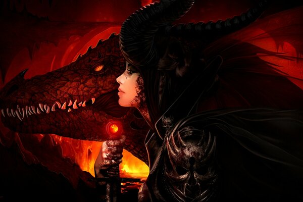 A girl with a dragon in a dark red tone