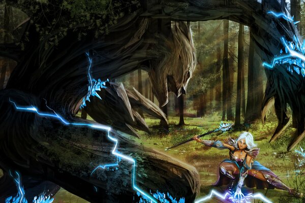 Art battle in the forest of Montstra and a sorceress with a magic staff who uses a crystal, letting lightning