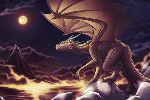 Art dragon on the mountains looks into the distance