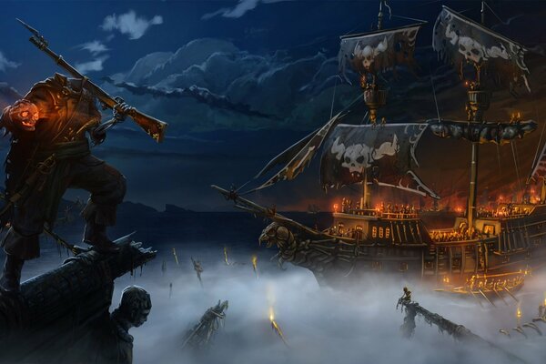 A headless pirate at night with his ship