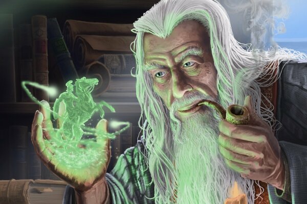 Fantastic art is drawn by an old magician sorcerer holding a pipe in his mouth, well-read magic books with a scroll