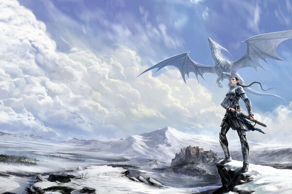 A beautiful elven warrior in armor and with a sword, accompanied by a white dragon, looking at the icy plain