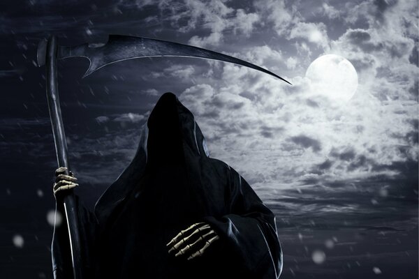 Death with a scythe on the background of a full moon