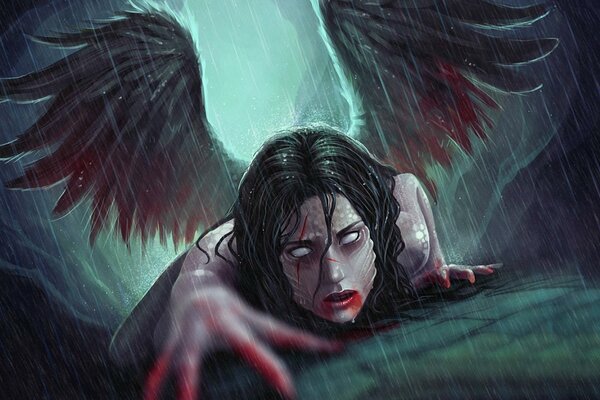 A fallen angel crawls in blood