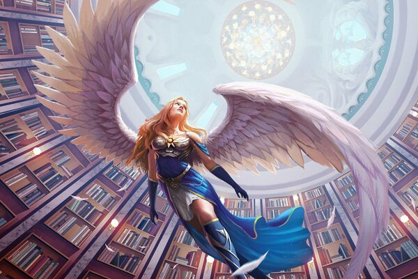 An angel in flight under the sun in the library