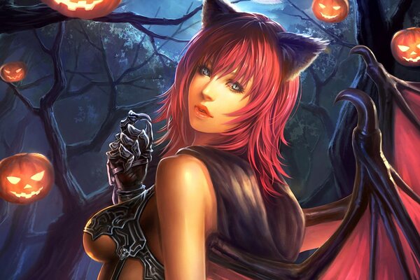 Succubus girl with ears and wings on Halloween