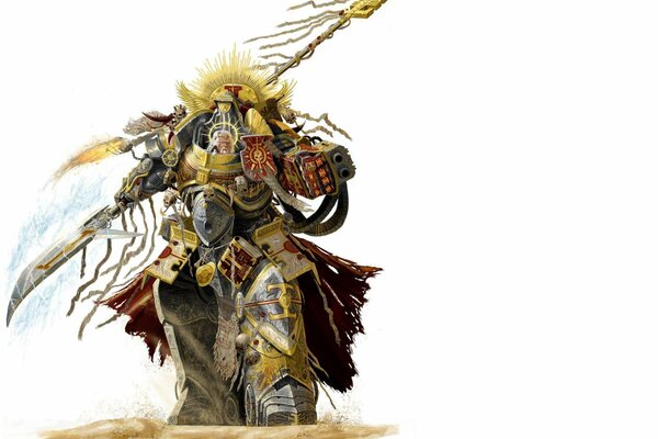 A warrior from warhammer in armor with weapons