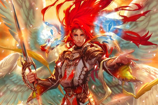 A red-haired angel with wings holds a sword