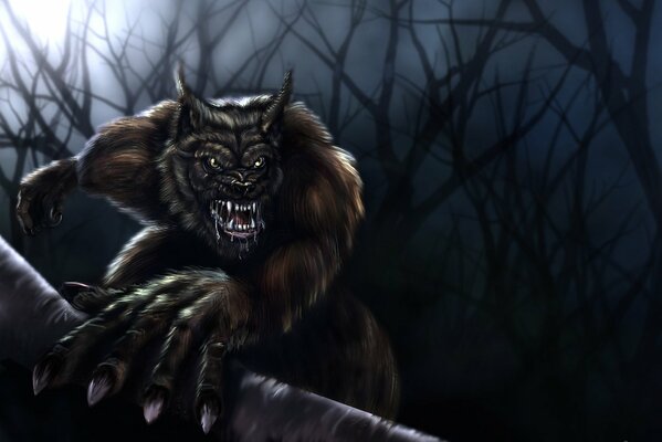 An evil werewolf in a gloomy forest