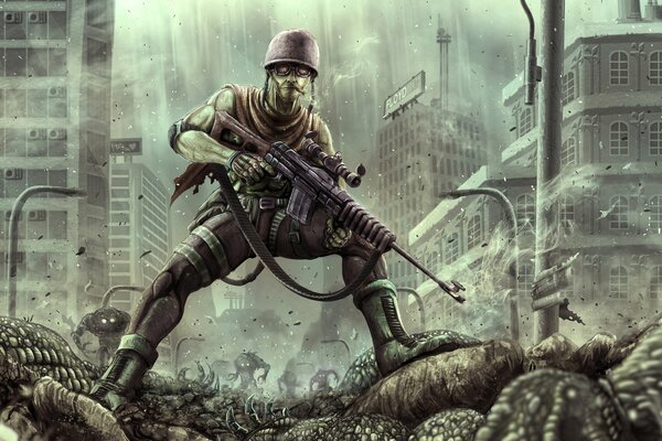 An armed soldier on a field of corpses