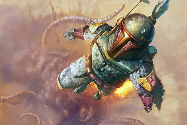 Boba Fett flies away from the monster