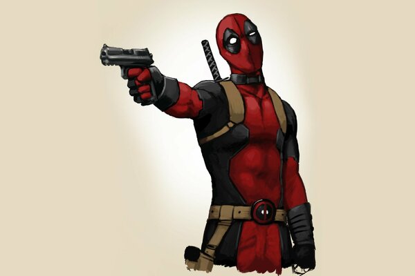 Deadpool con un arma en la mano hasta la cintura