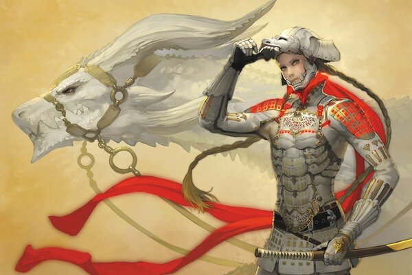 Art of a Japanese samurai with braids in a helmet made of a dragon s head in red and white armor on a white dragon background