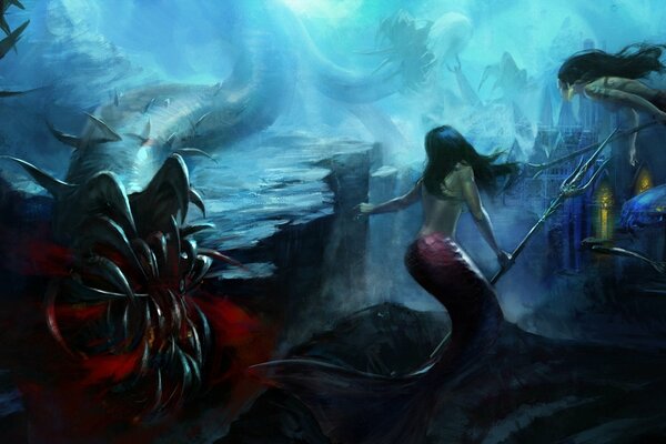 Underwater world with mermaids holding a spear in their hand, surrounded by monsters