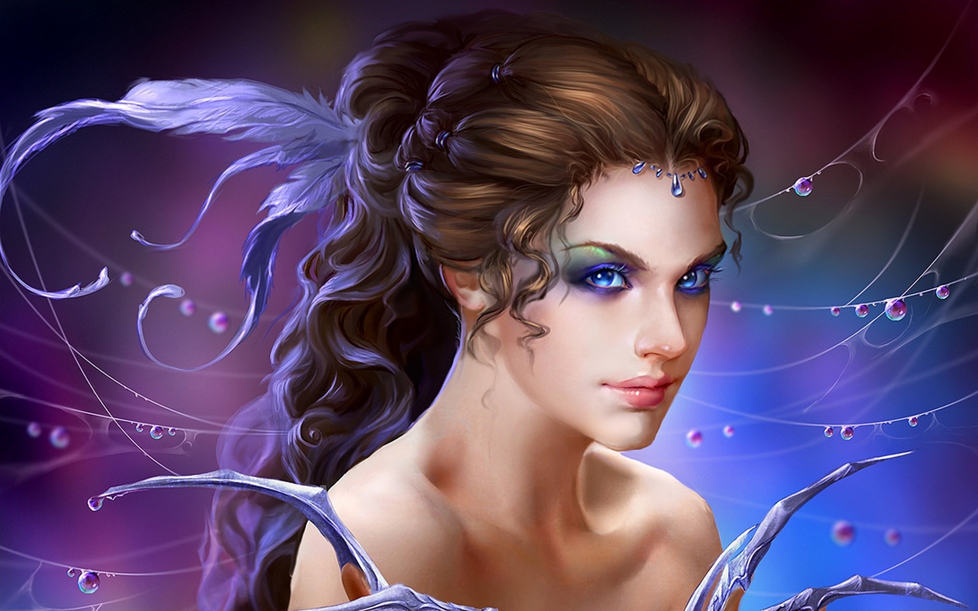 the deepest blue wild dreamer uildrim fantasy art girl magic art sorceress jewelry hair feathers spider web dew drop