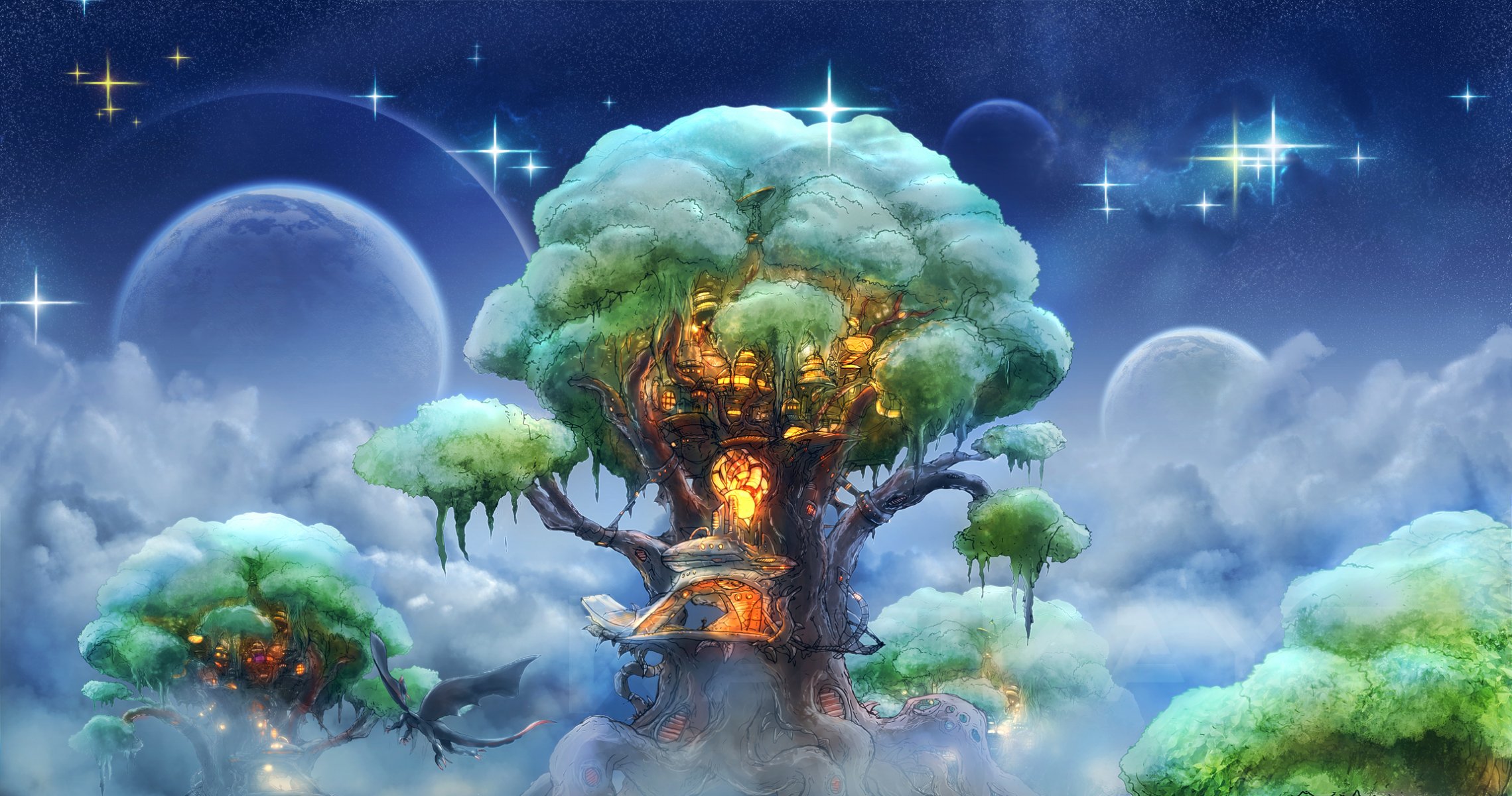 árbol de malvavisco kamikaye fantasía arte estilo dragón casa bosque elfo cielo estrellas arte árbol casa plano planetas nubes