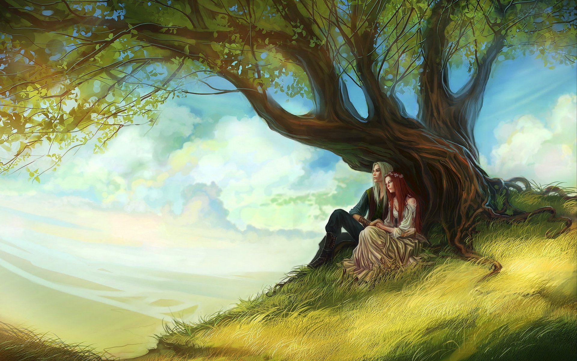 art anndr couple tree girl long hair guy red hair leaves sky cloud