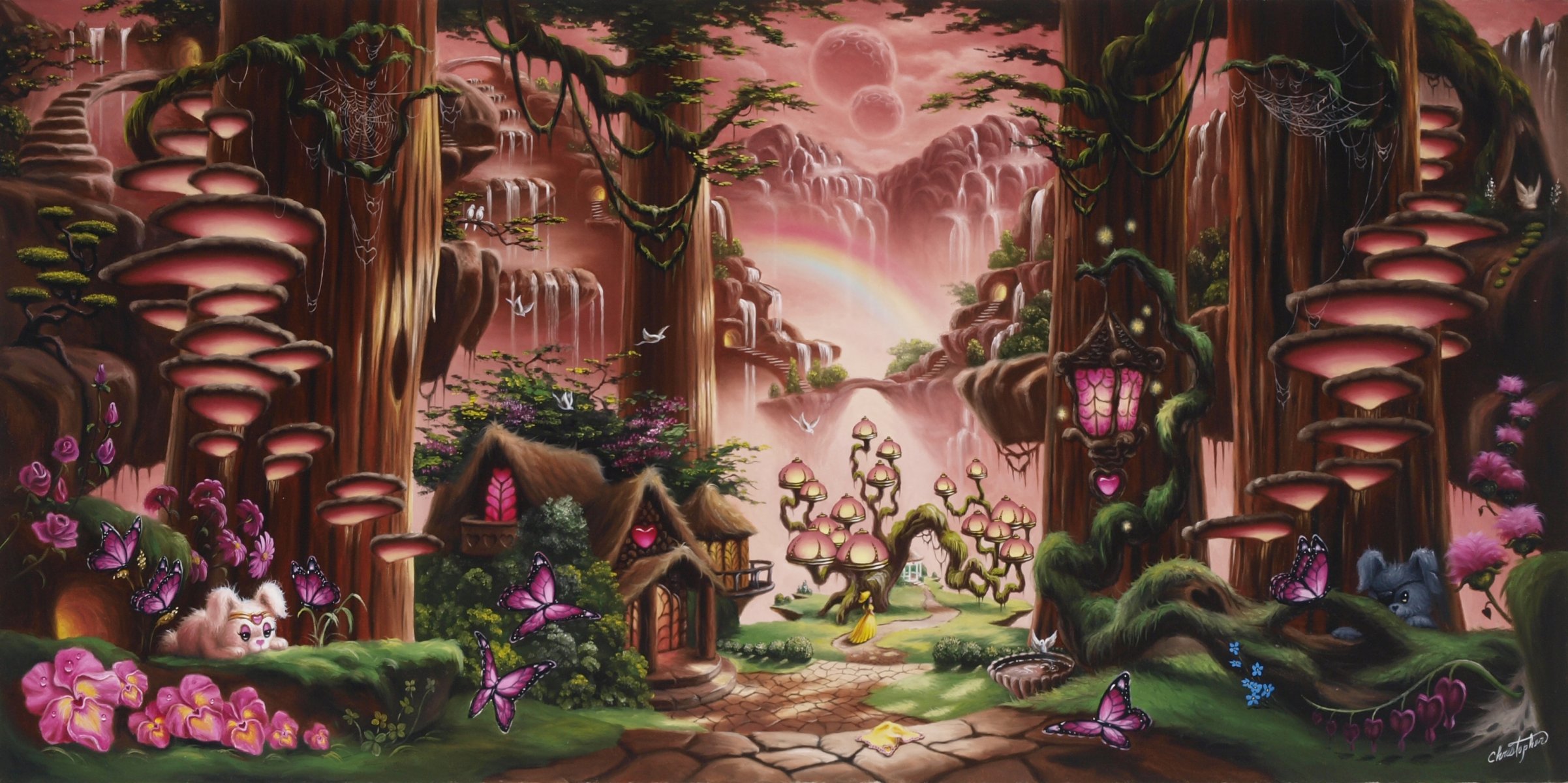 chalet arc-en-ciel christopher pollari fantasy art conte de fées cascade coucher de soleil maison fille papillon fleurs arbres art maison lapins papillons arc-en-ciel champignons passerelle forêt montagnes lanterne