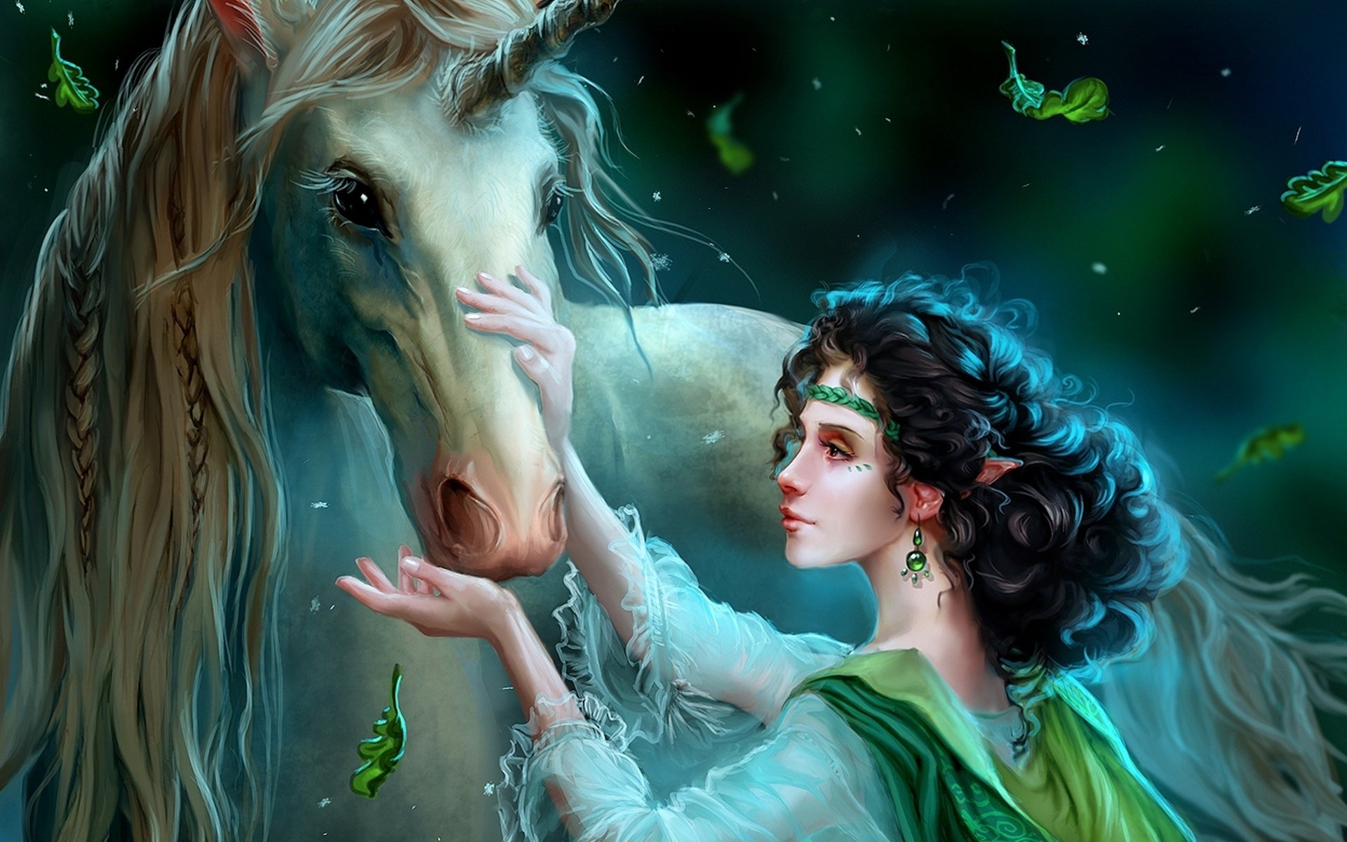 fiaba sognatore selvaggio uildrim fantasia arte elfo arte unicorno ragazza ornamenti magia notte foglie che cadono