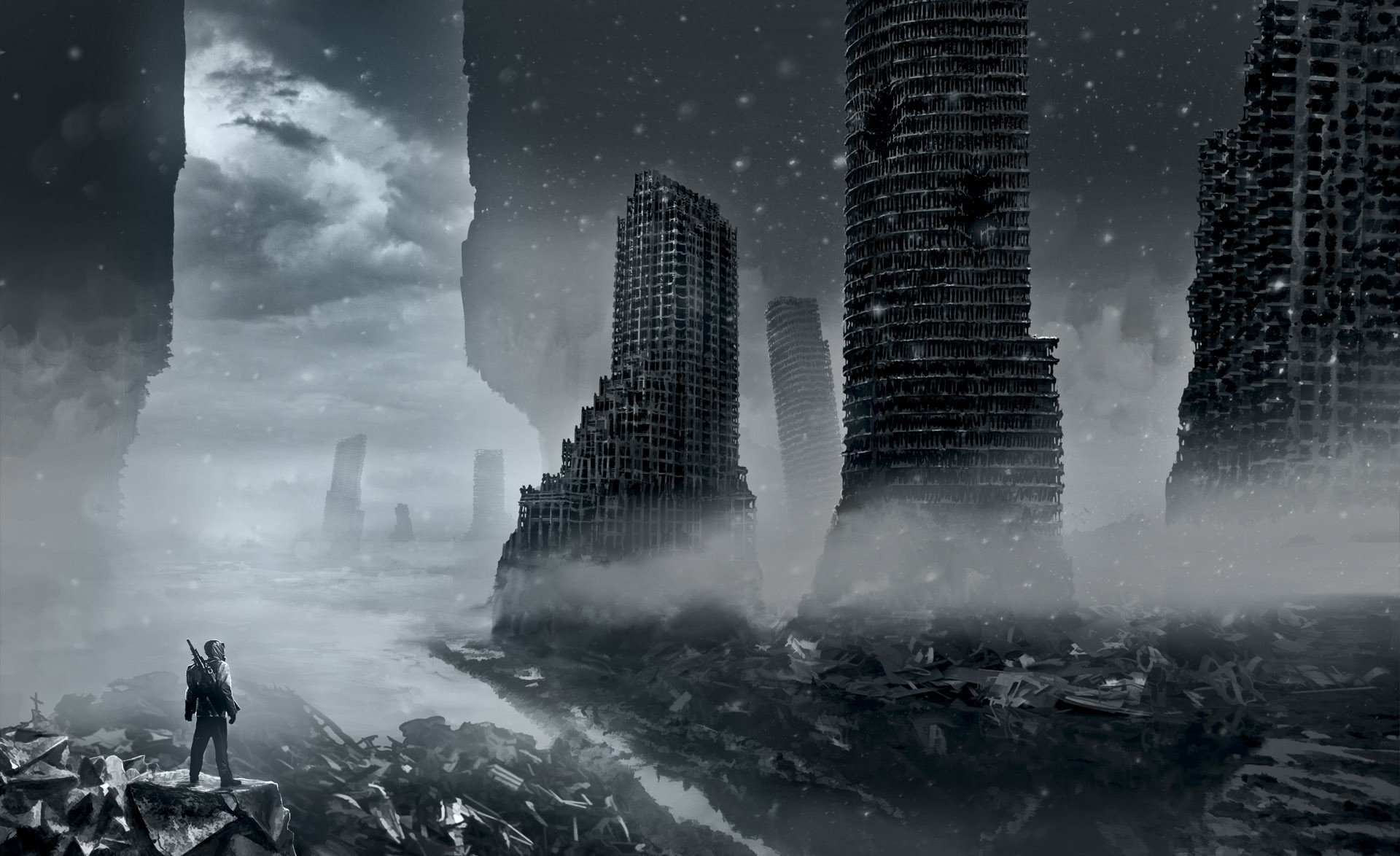 romance of the apocalypse romantically apocalyptic alexiuss art ruins town fracture winter snow clouds ruin weapon