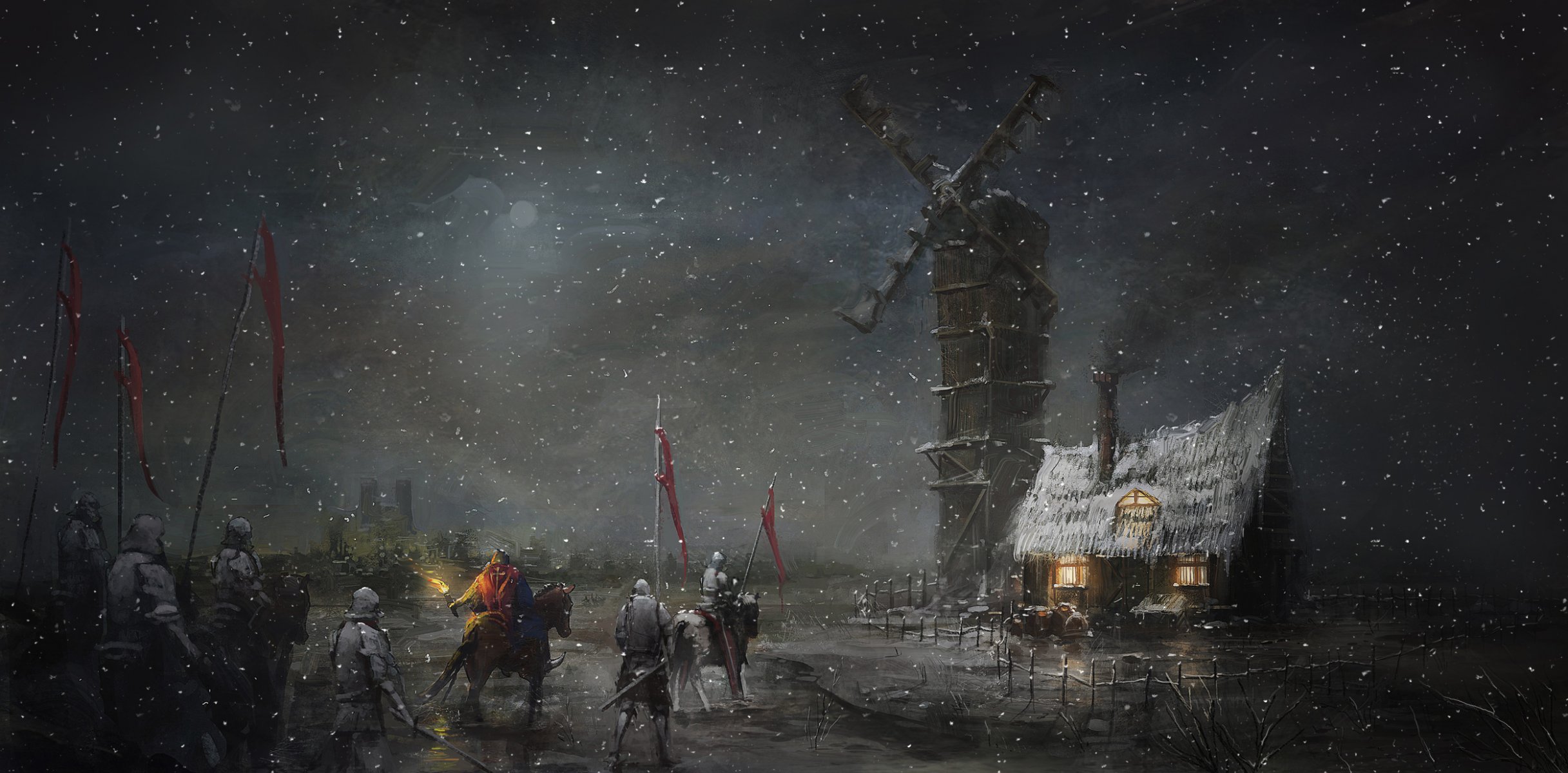 art neige moulin cabane chevaliers randonnée torche nuit bannière