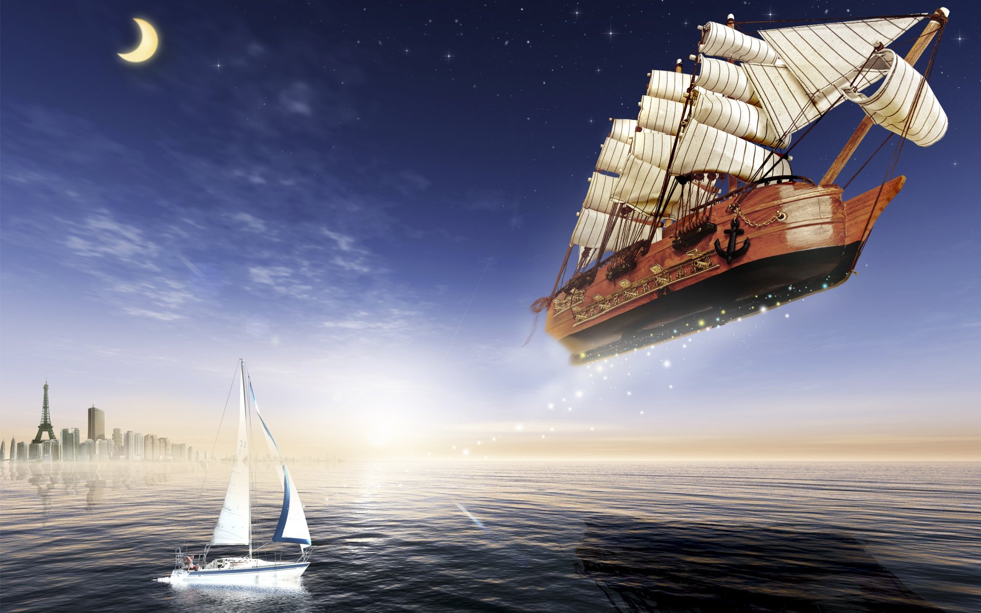 flying ship sailboats yacht moon sea