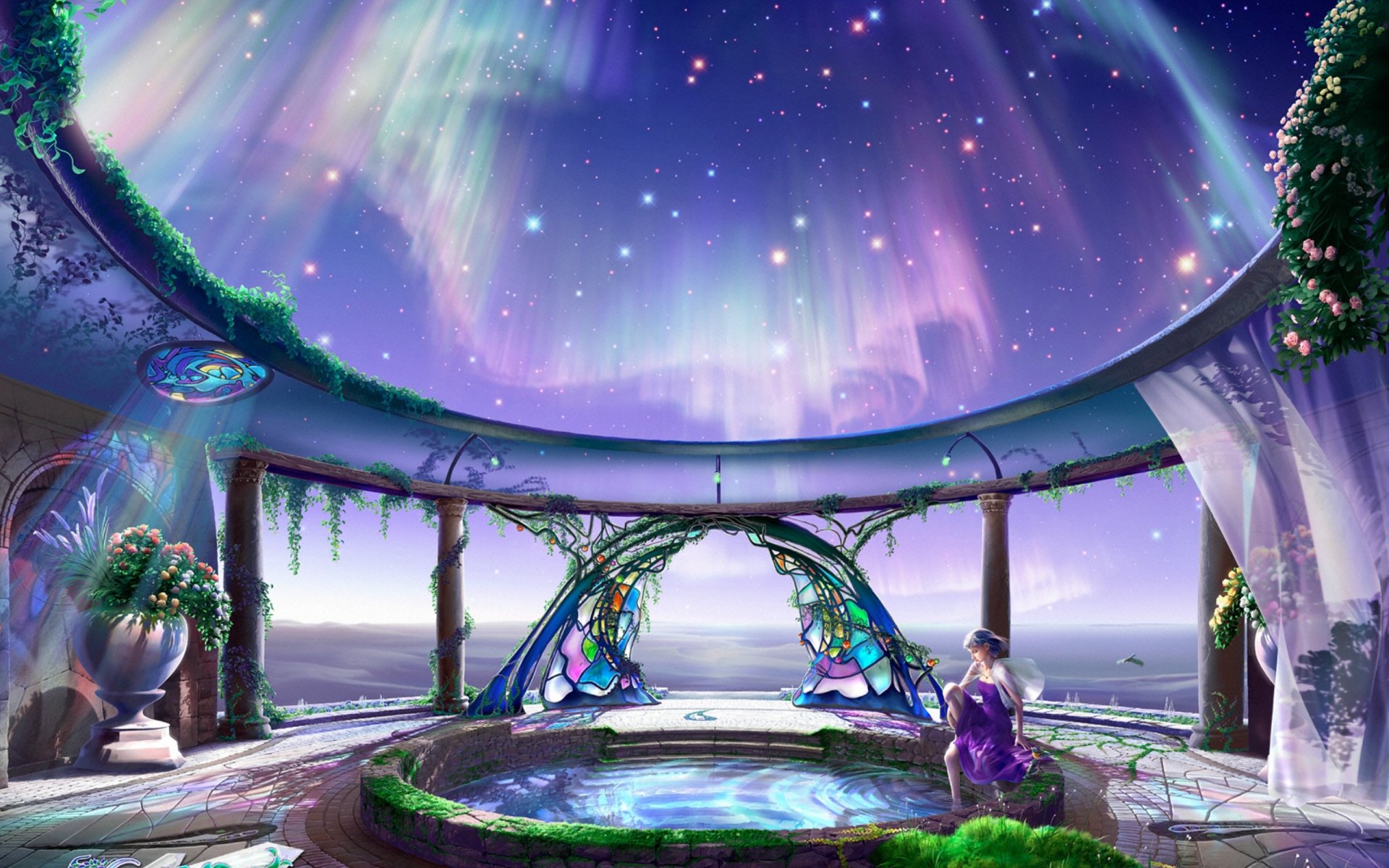 cg wallpapers yutaka kagaya starry tales celestial exploring hearty welcome opal gate before the dawn princess stars northern lights flowers dreams future fantasy yutaka kagayya constellation flower girl twilight