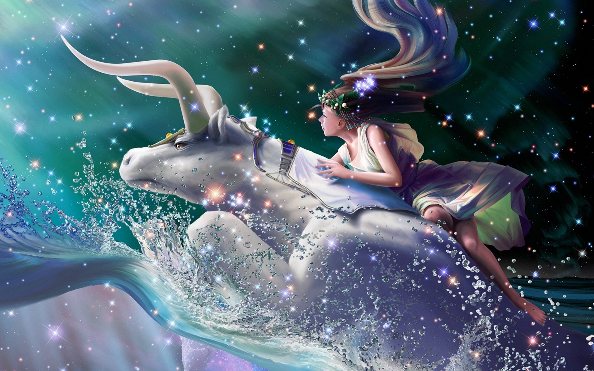 cg wallpapers yutaka kagaya zodiac taurus starry tales stars flight dreams fantasy yutaka kagayya constellation girl europe zeus bull wreath tiara galaxy waves spray