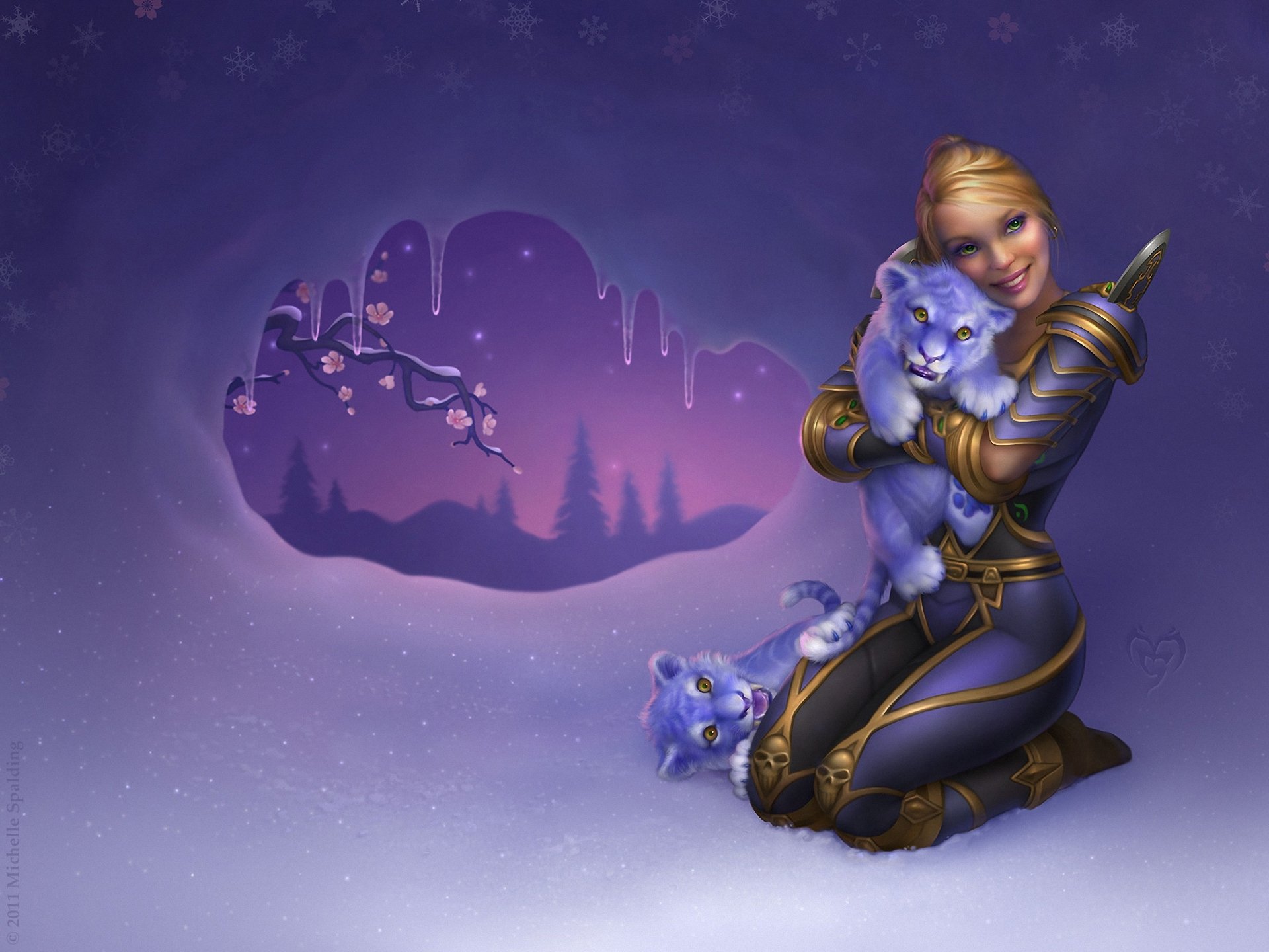 arte mondo di warcraft ragazza cuccioli di tigre tigre neve fantasia zanne albero ghiaccioli fiori ramo