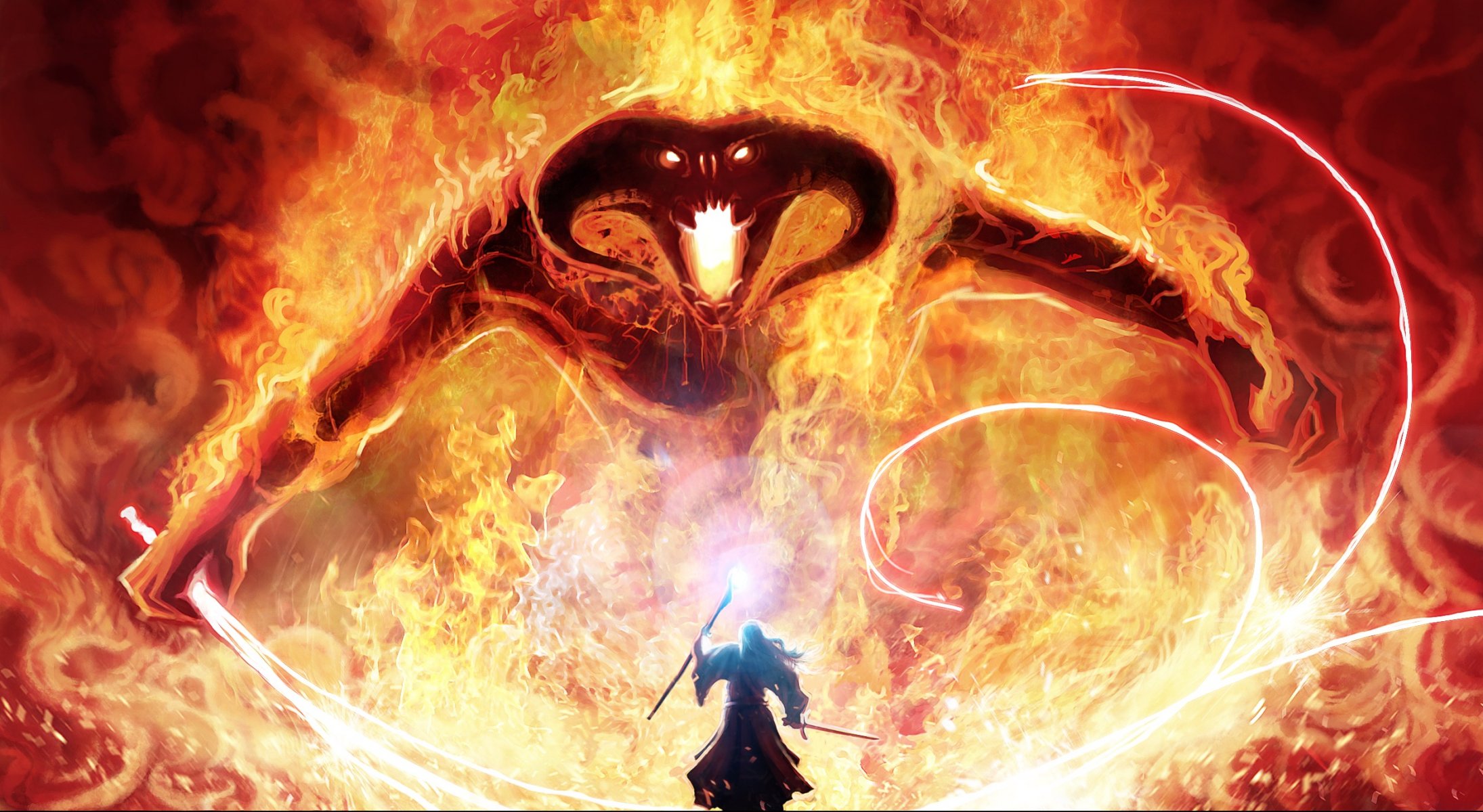 kunst herr der ringe gandalf gandalf magier magie monster barlog balrog peitsche schwert stab