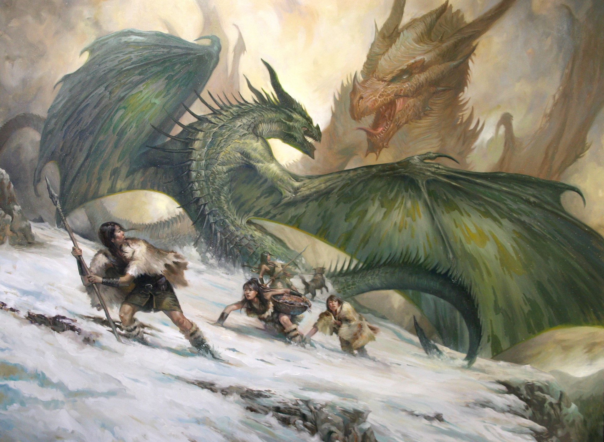 arte lucasgraciano dragones nieve montañas personas chicas rocas batalla perro salvajes