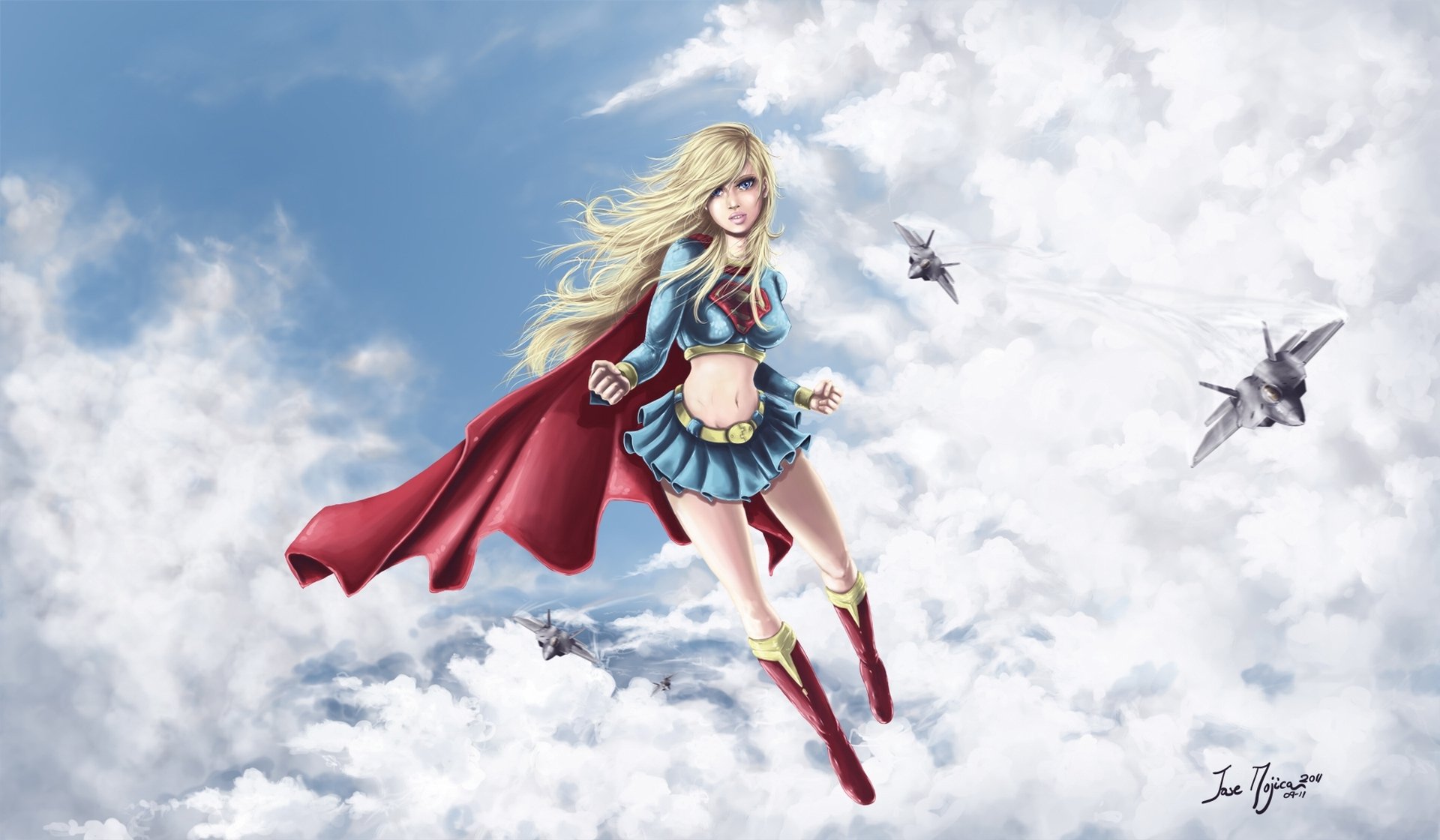 supergirl superhéroe traje capa nubes vuelo aviones