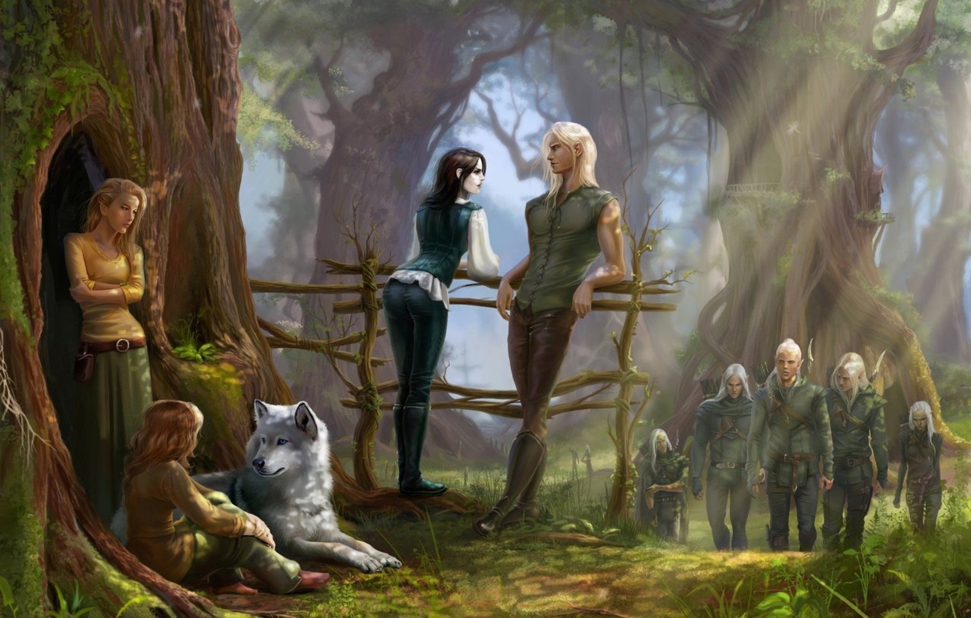 art elves archers wolf forest tree rails sun rays mo