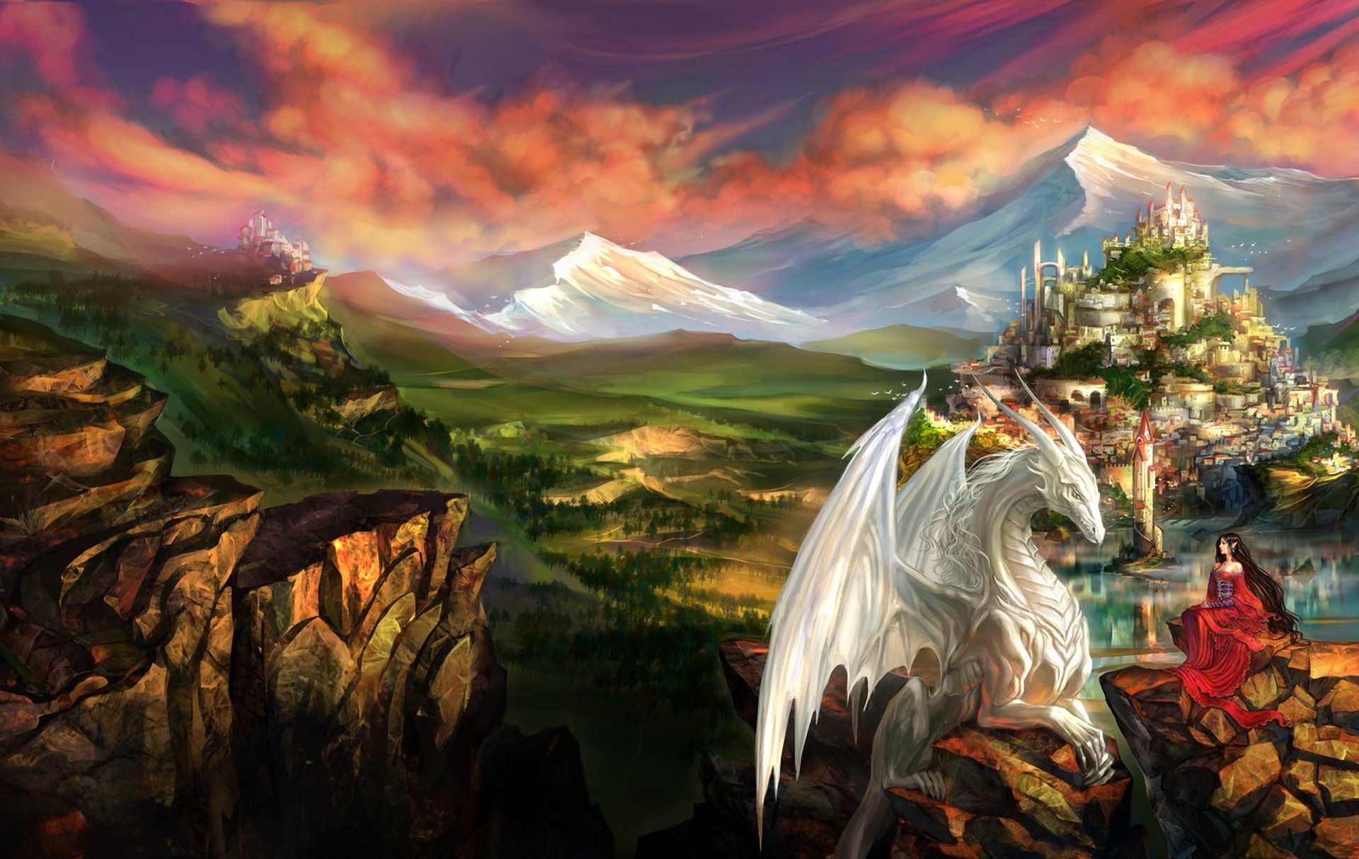 art fantasy paysage dragon elfe elfe fille ville rochers montagnes château