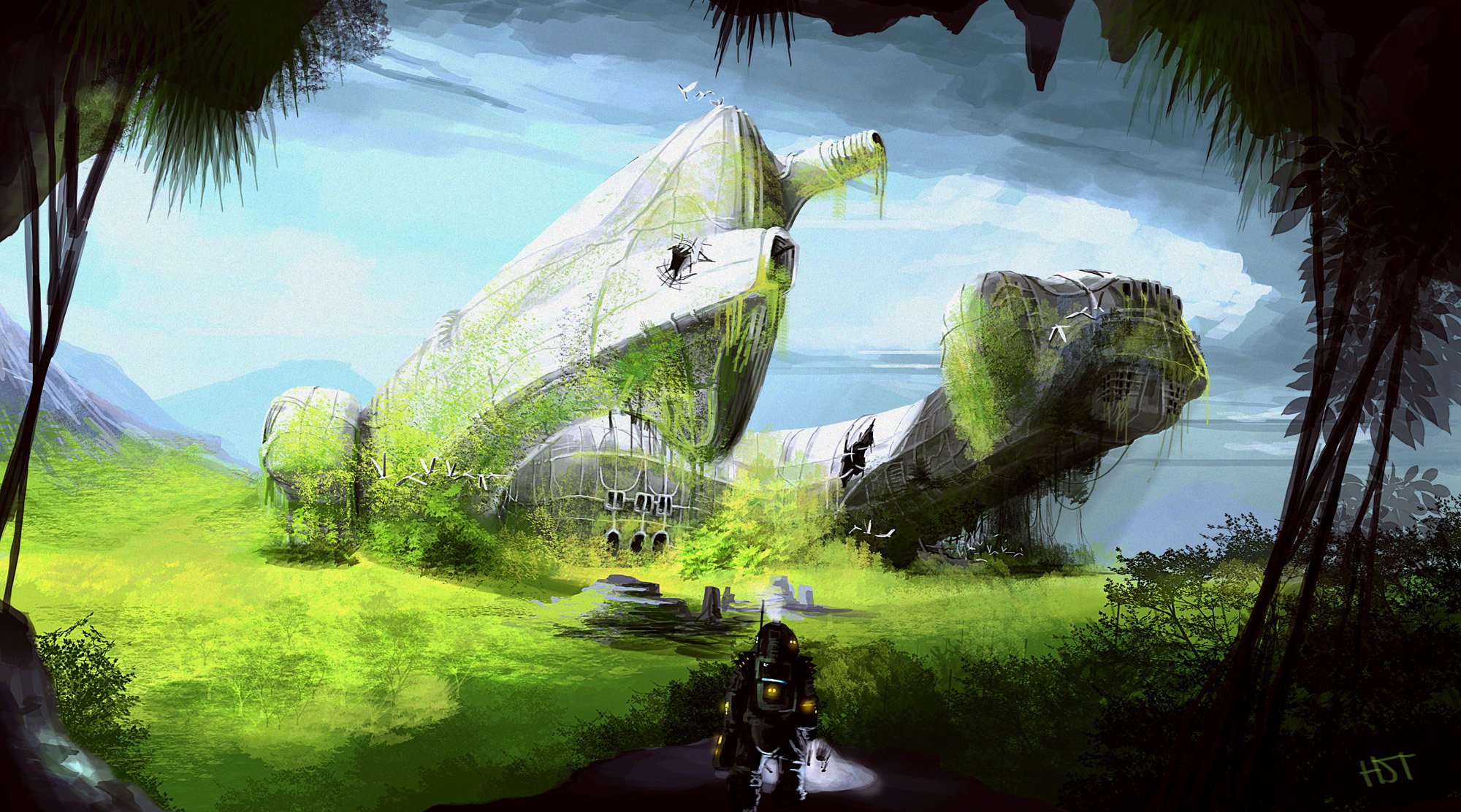 arte highdarktemplar prometeo barco paisaje esqueleto vegetación hombre traje espacial