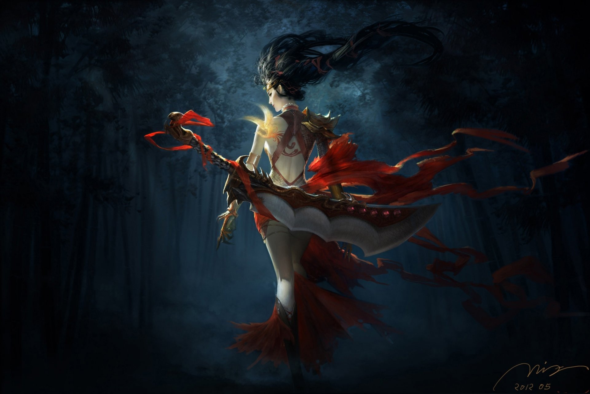 art girl warrior weapon sword belt red forest bamboo night dark poultry tattoos phoenix back