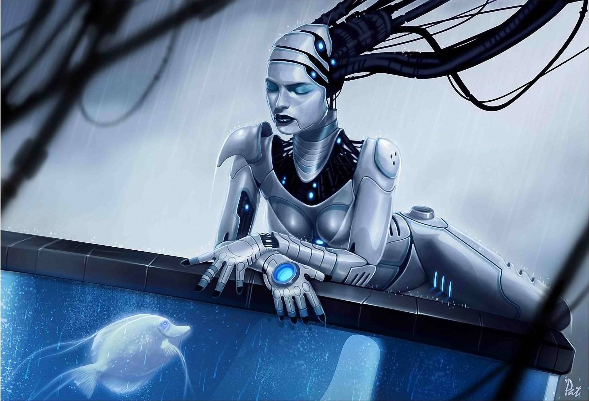 kunst roboter android mädchen regen aquarium fisch fisch wasser drähte